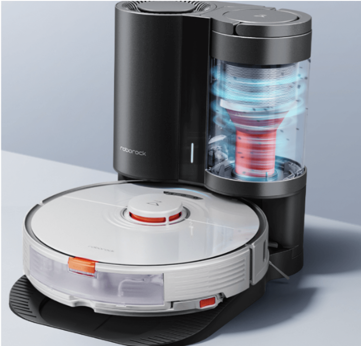 Self-emptying process of the Roborock S7’s mobile dust container.